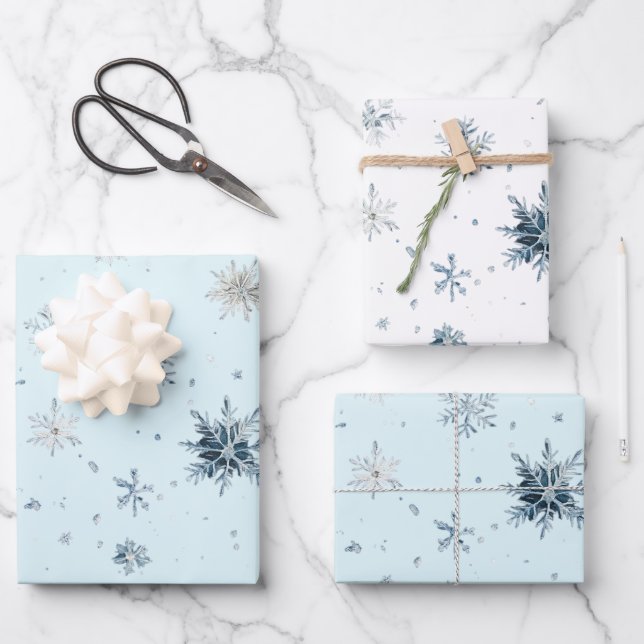 White Blue Snowflakes Christmas Wrapping Paper Sheets (Front)