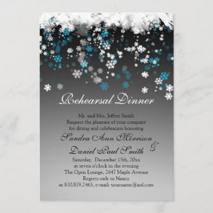White, blue snowflakes on a black Rehearsal Dinner Invitation