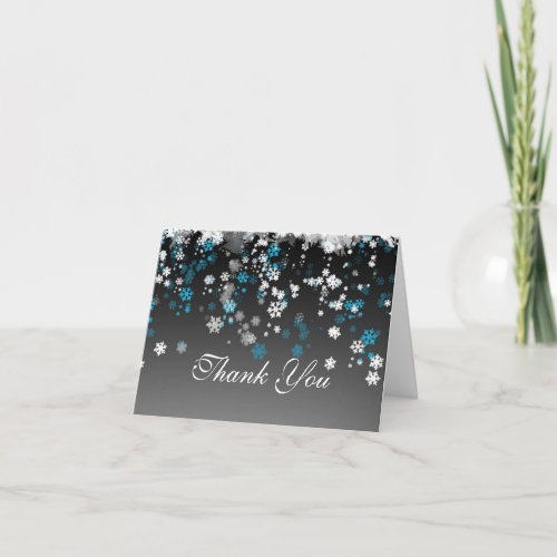 White blue snowflakes on black Wedding Thank You