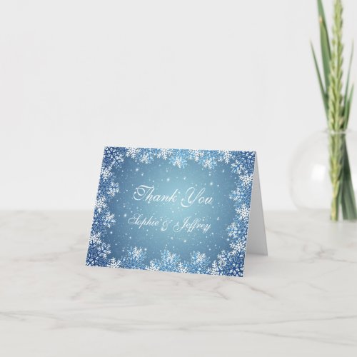 White blue snowflakes on blue Wedding Thank You