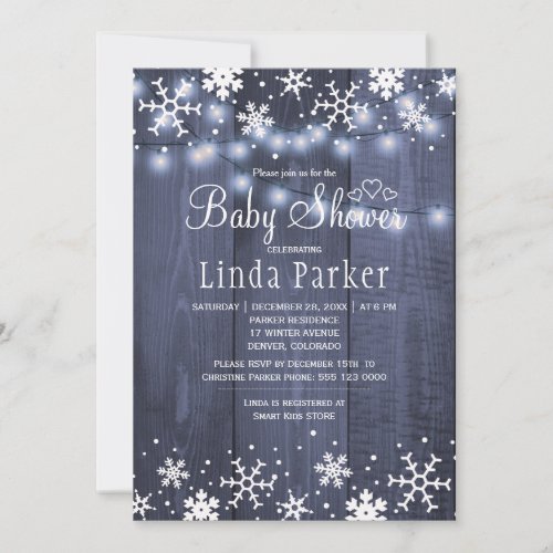 White blue snowflakes rustic winter baby shower invitation