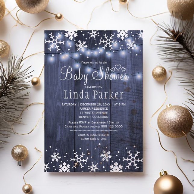 White blue snowflakes rustic winter baby shower invitation (Creator Uploaded)