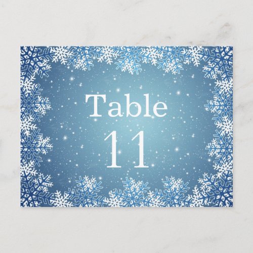 White blue snowflakes wedding table number card