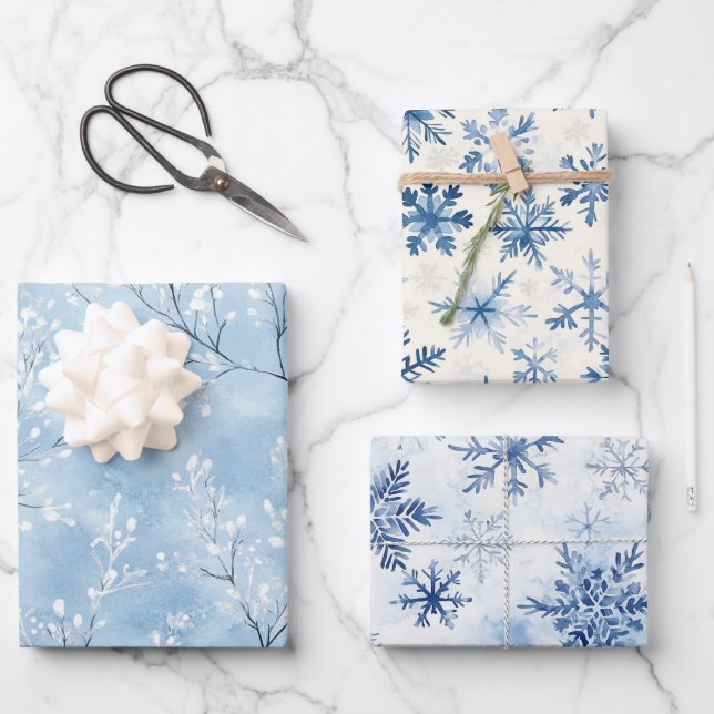 White Blue Snowflakes Winter Christmas Wrapping Paper Sheets (Front)