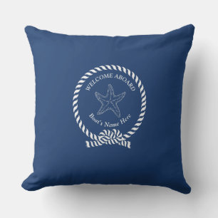 White Blue Starfish Nautical Solid Navy Blue Boat Outdoor Pillow