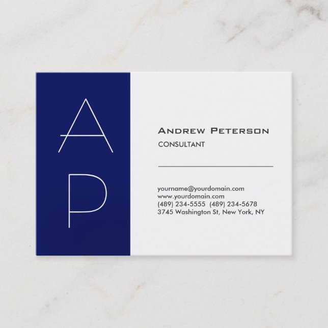 White Blue Stripe Chubby Monogram Business Card (Front)