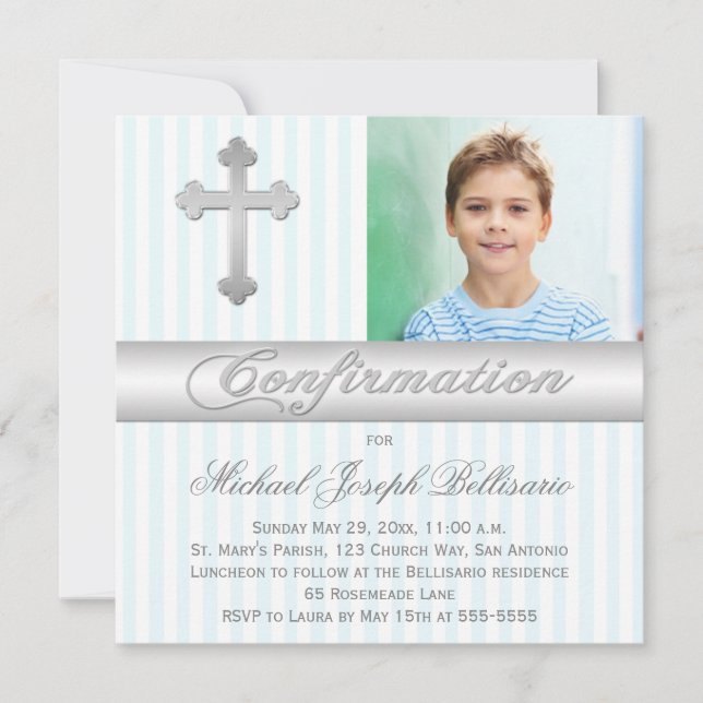 White Blue Stripes Confirmation Photo Invitation (Front)