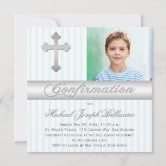 White Blue Stripes Confirmation Photo Invitation