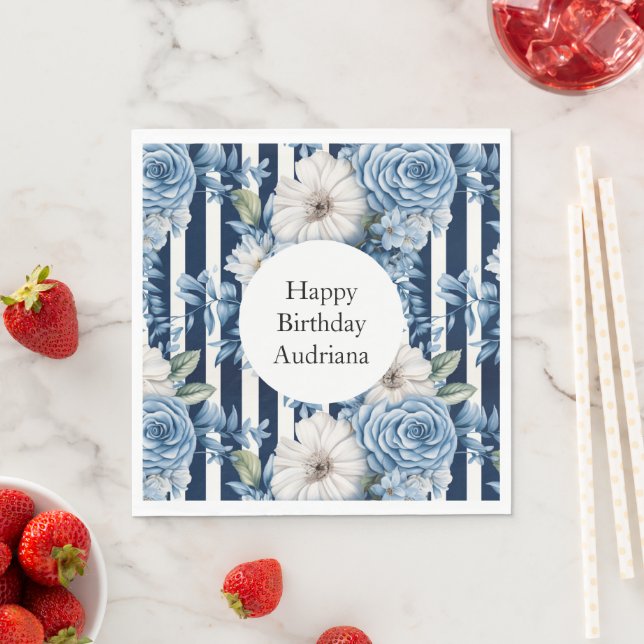 White Blue Stripes Floral Birthday Napkins (Insitu)