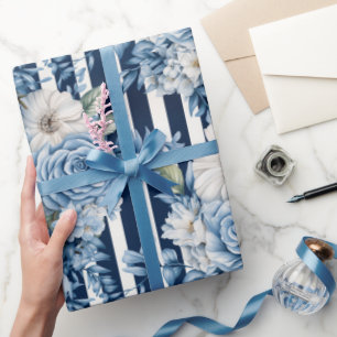 White Blue Stripes Floral Birthday Wrapping Paper