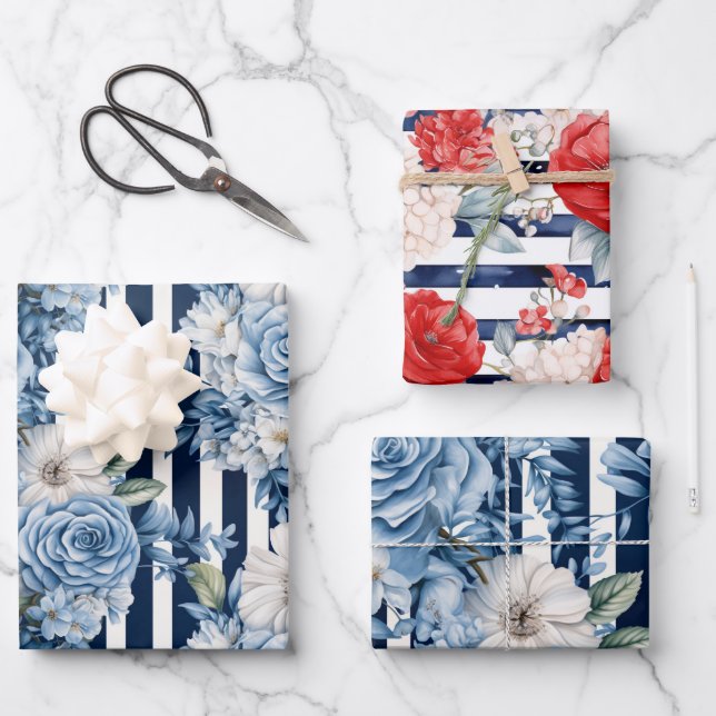 White Blue Stripes Floral Birthday Wrapping Paper Sheets (Front)