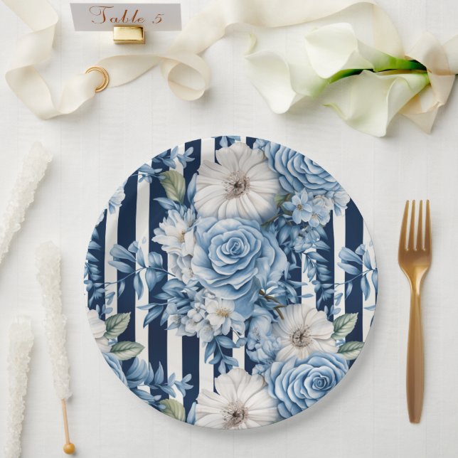 White Blue Stripes Floral Bridal Shower Paper Plates (Wedding)