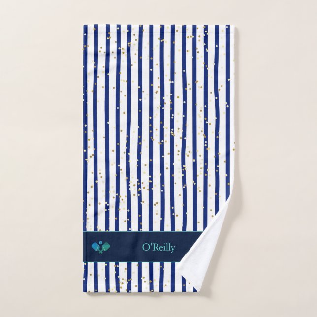 White Blue Stripes Gold Monogram Pickleball Hand Towel (Hand Towel)