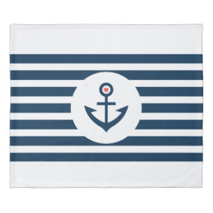 White & Blue Stripes & Nautical Boat Anchor Duvet Cover