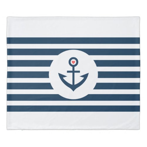 White  Blue Stripes  Nautical Boat Anchor Duvet Cover