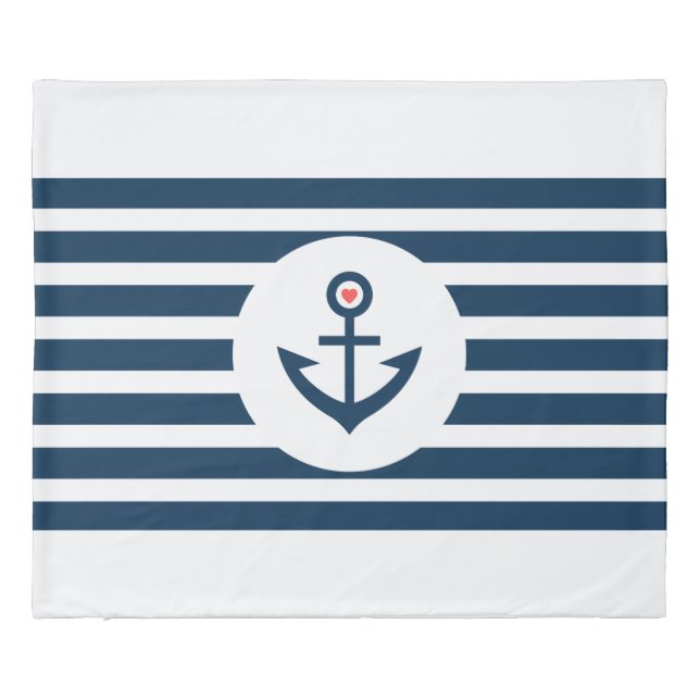 White & Blue Stripes & Nautical Boat Anchor Duvet Cover (Back)