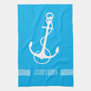 White & Blue Stripes Nautical Boat Anchor Kitchen Towel