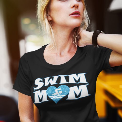 White  Blue Swim Mom with Heart Cute Womens T_Shirt