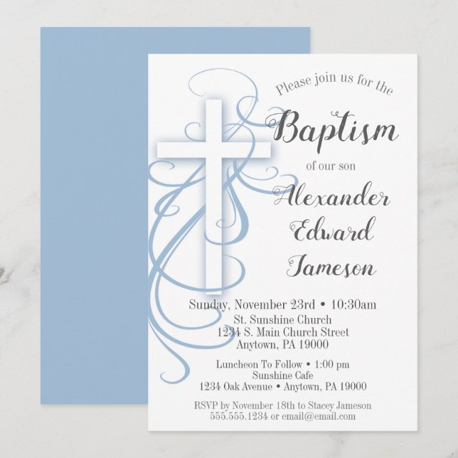 White Blue Swirl Cross Baptism Invitation Boys (Front/Back)