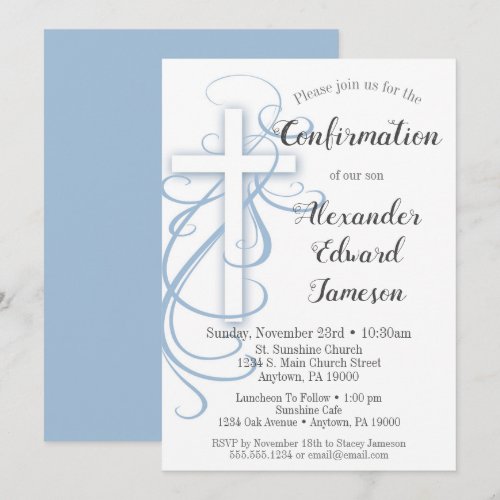 White Blue Swirl Cross Confirmation Invitation Boy