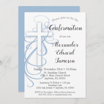 White Blue Swirl Cross Confirmation Invitation Boy by Flospaperie at Zazzle