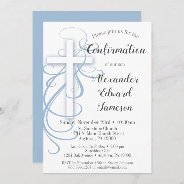 White Blue Swirl Cross Confirmation Invitation Boy | Zazzle