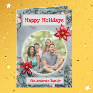 White, Blue Teal Floral Family Photo Holiday Card