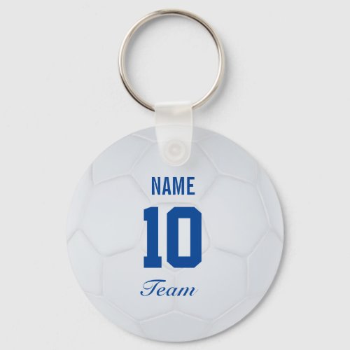 White Blue Team Soccer Ball Personalized Name Keychain
