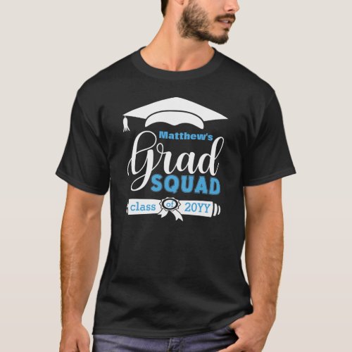 White  Blue Text Custom Mens Black Grad Squad T_Shirt