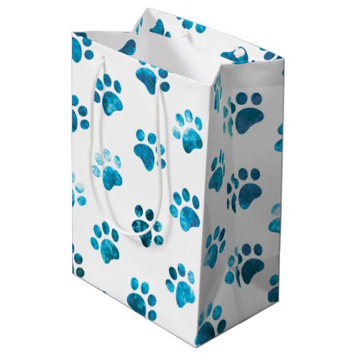 White Blue Textured Paw Print Pattern Medium Gift Bag
