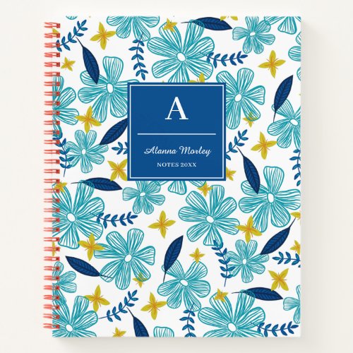 White Blue Tropical Floral Pattern Notebook