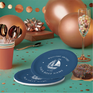 White & Blue Vintage Nautical Boat 2 Illustration Paper Plates