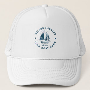 White & Blue Vintage Nautical Boat 2 Illustration Trucker Hat