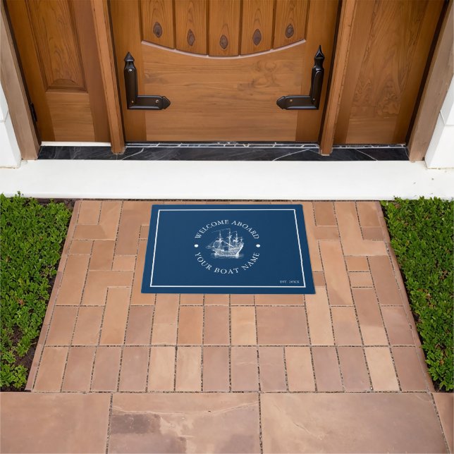 White & Blue Vintage Nautical Boat Illustration Doormat (Outdoor)
