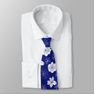 White & Blue Violet Graphic Floral Pattern Neck Tie