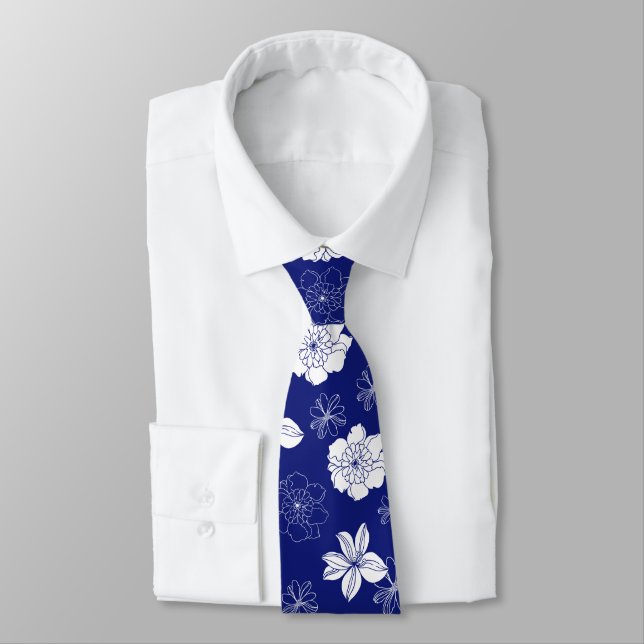 White & Blue Violet Graphic Floral Pattern Neck Tie (Tied)