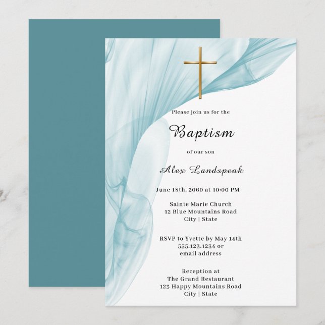 White, Blue Voile & Gold Cross Baptism Invitation (Front/Back)