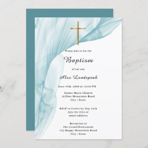 White, Blue Voile & Gold Cross Baptism Invitation