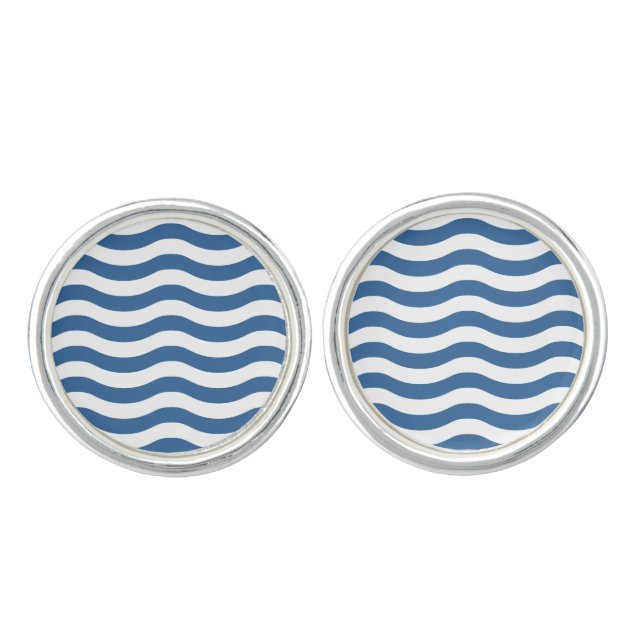 White Blue Wave Navy pattern Customize background Cufflinks (Front)