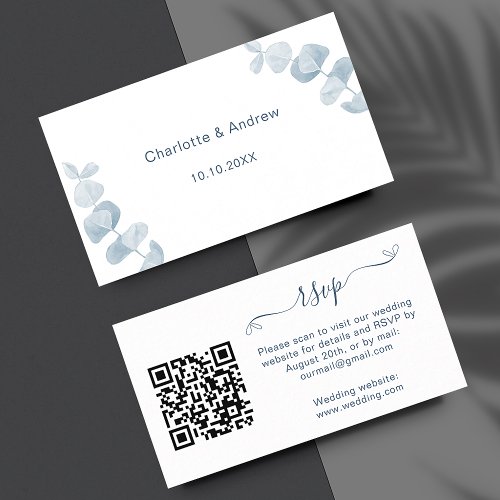 White blue wedding response website QR code RSVP Enclosure Card