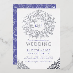 White blue wedding wreath leaves silver foil invitation