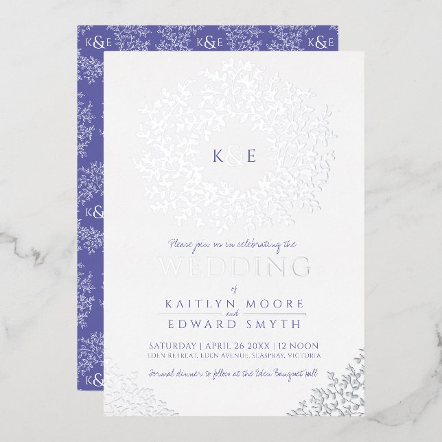 White blue wedding wreath leaves silver foil invitation (Front/Back)