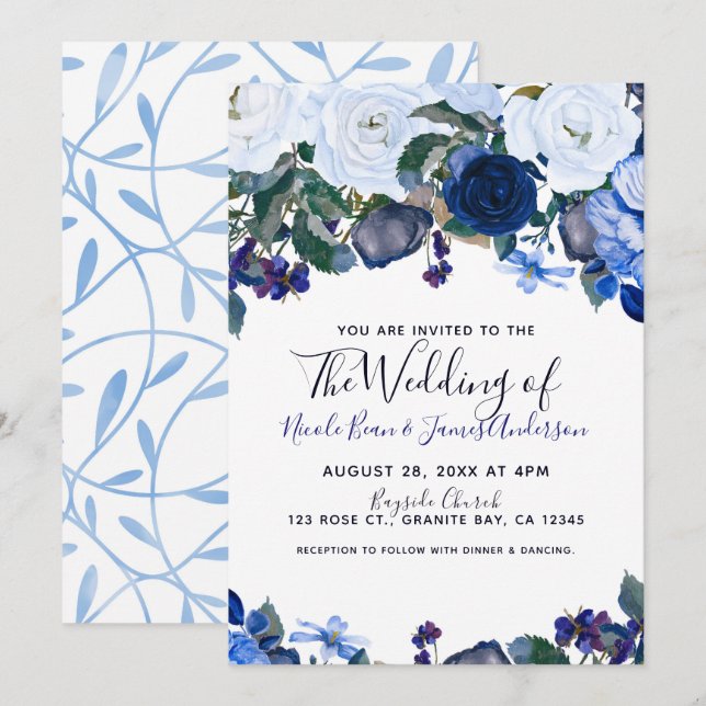 White & Blue Winter Floral Bouquet Chic Wedding Invitation (Front/Back)