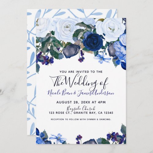 White  Blue Winter Floral Bouquet Chic Wedding Invitation