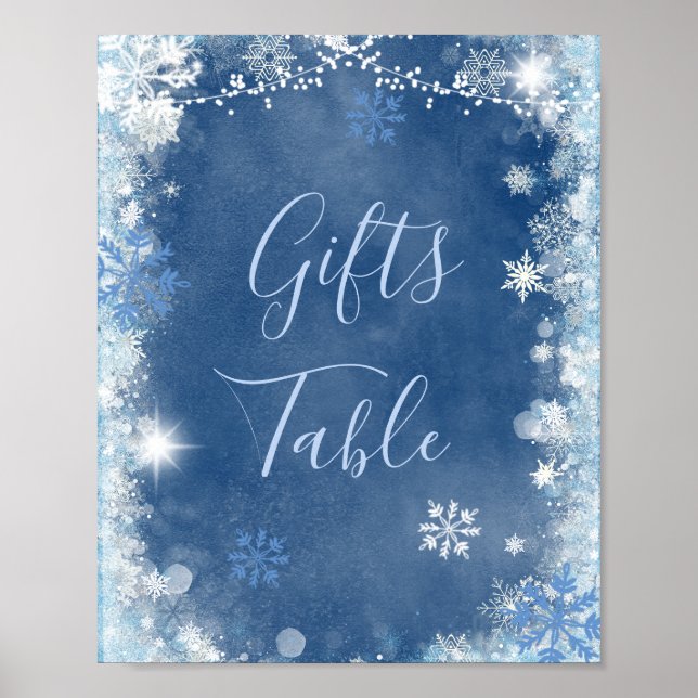 White Blue Winter Snowflake Bridal Gifts Table Poster (Front)