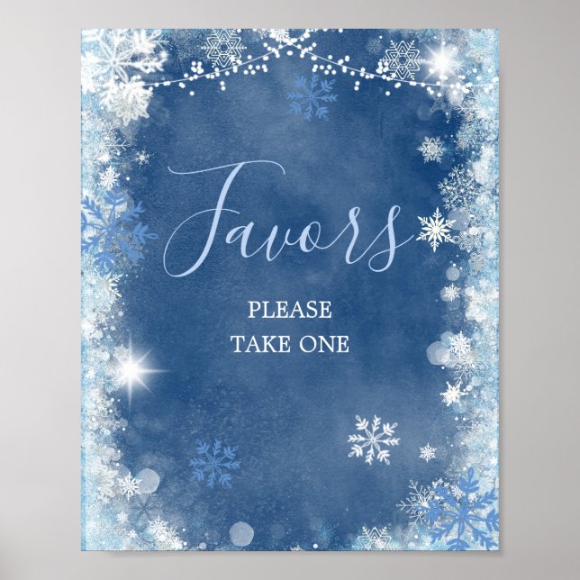 White Blue Winter Snowflake Bridal Shower Favors Poster (Front)