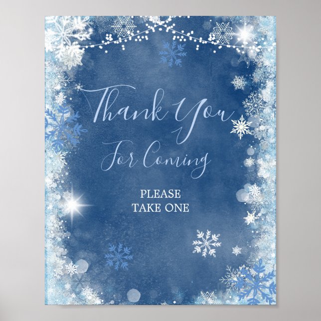 White Blue Winter Snowflake Bridal Thank You Sign (Front)