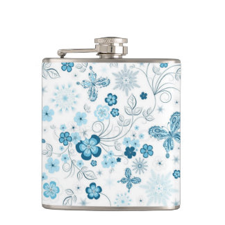 White Blue Winter Snowflakes Flowers Butterflies Hip Flask