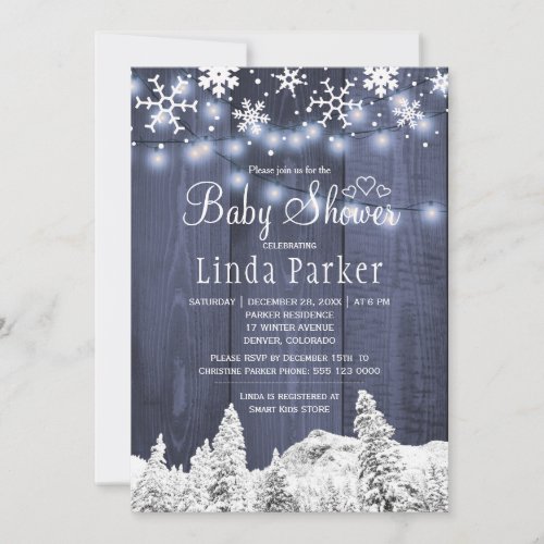 White blue wonderland rustic winter baby shower invitation