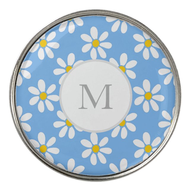 White Blue Yellow Daisy Pattern Golf Ball Marker (Front)